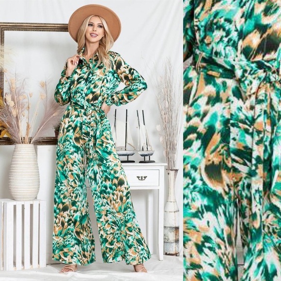 Silky Wide Leg Belted Jumpsuit: Greens & Tans - Picture 2 of 3